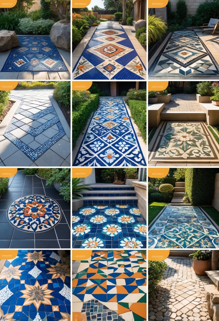 A variety of colorful mosaic tiles arranged outdoors on pathways and patios surrounded by plants.