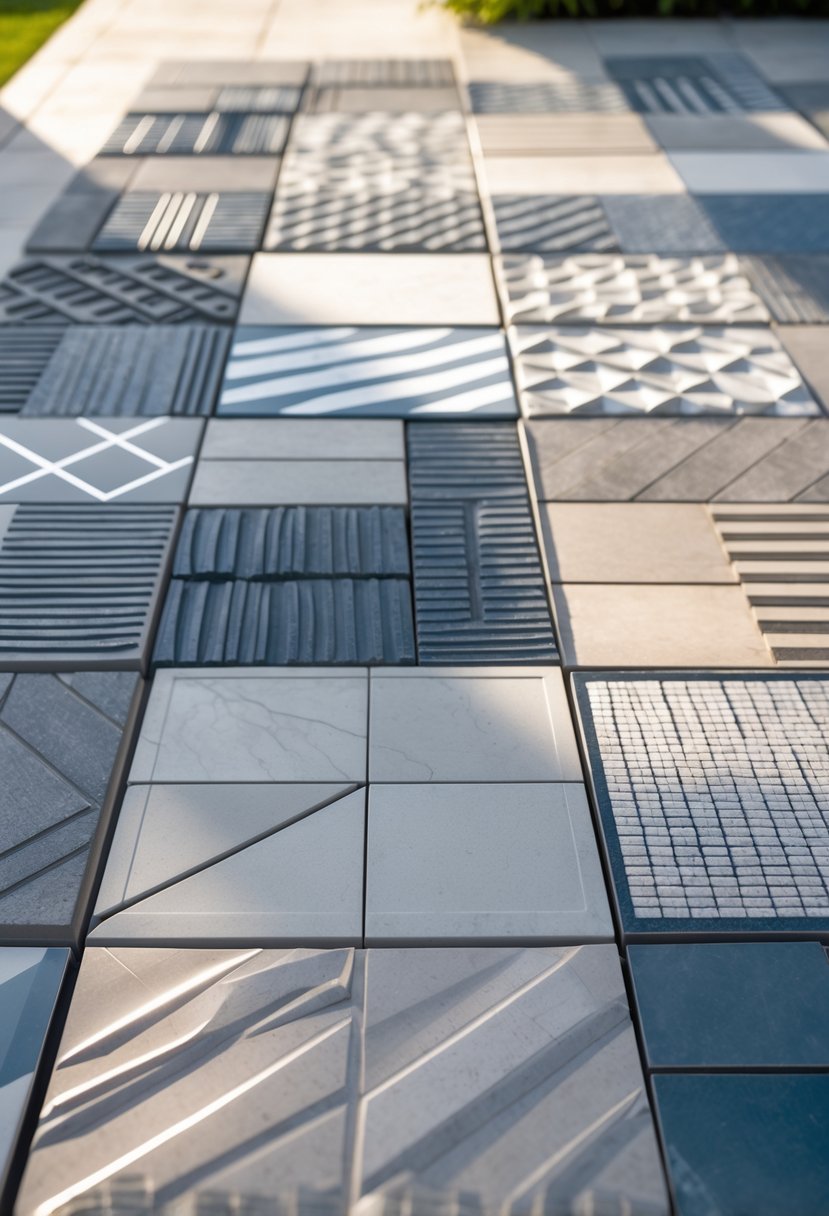 A collection of twelve outdoor tiles with different geometric patterns displayed on a sunlit patio.