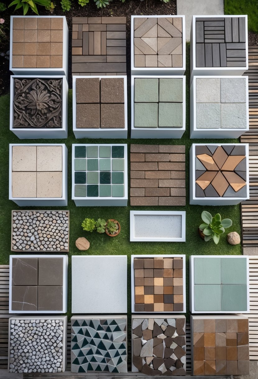 Twelve different eco-friendly outdoor tiles arranged neatly on a patio surface with plants and natural elements around them.
