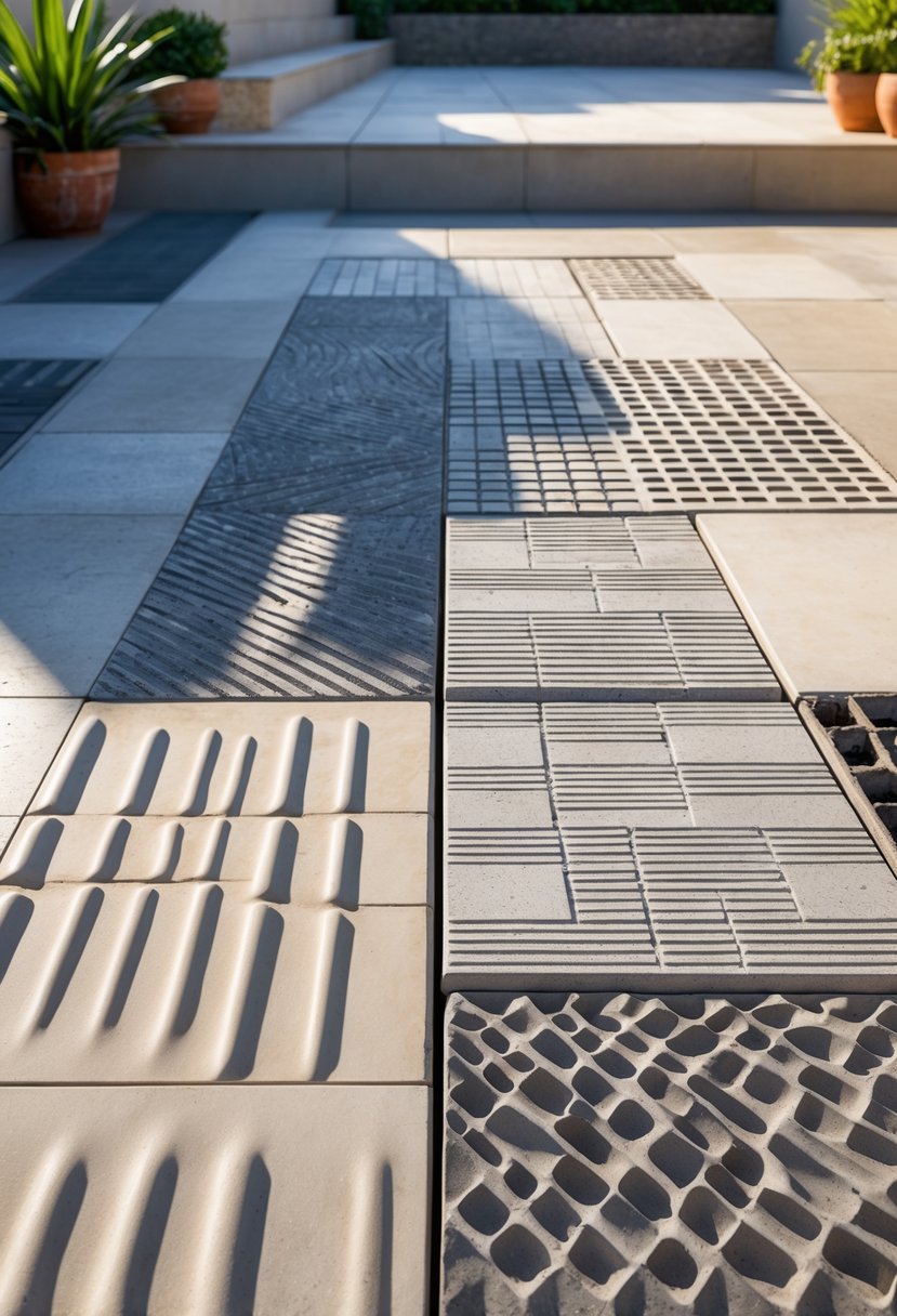 Outdoor patio area displaying various textured tiles with different slip-resistant patterns and finishes.