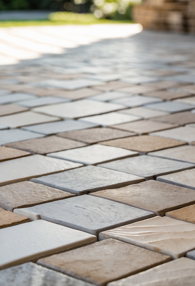 Close-up of outdoor ceramic tiles arranged in a herringbone pattern on a patio floor.