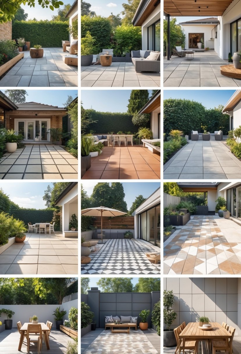 An outdoor patio with twelve different types of tiles displayed in separate sections surrounded by plants and outdoor furniture.