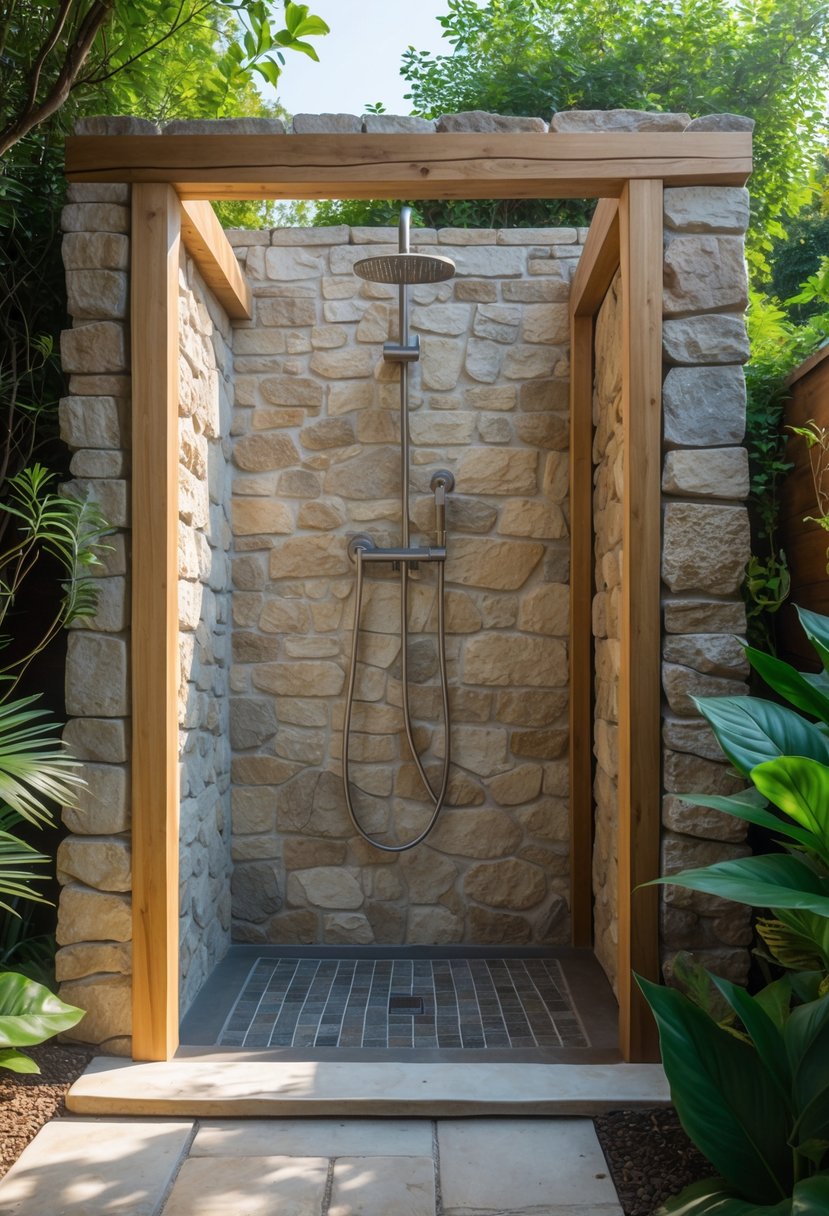 Outdoor bathroom with a stone shower and wooden accents surrounded by green plants.