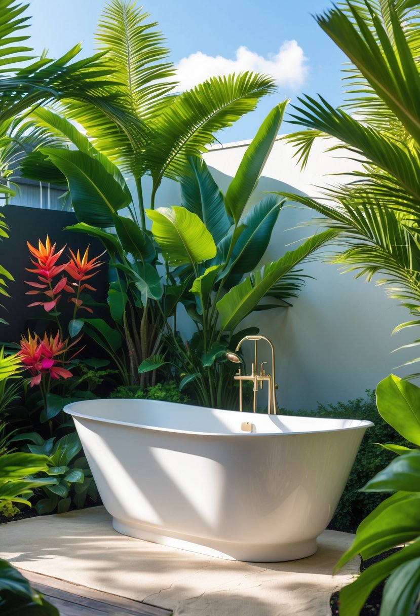 A freestanding white bathtub outdoors surrounded by tropical plants and greenery.