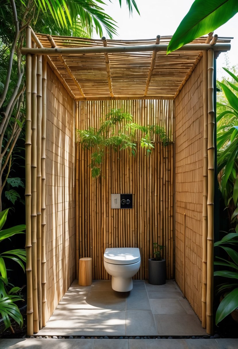 Outdoor toilet with bamboo walls surrounded by green plants and stone floor.
