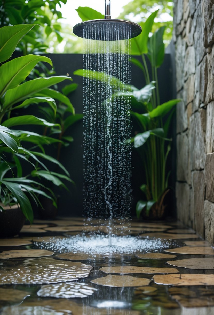 Outdoor bathroom with a rainfall showerhead over natural stone flooring surrounded by green plants.