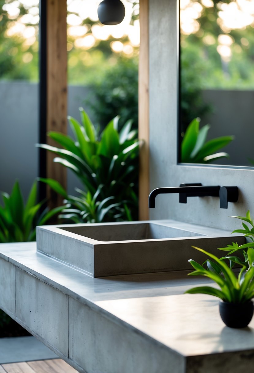An outdoor bathroom with a concrete countertop and a modern sink surrounded by plants.