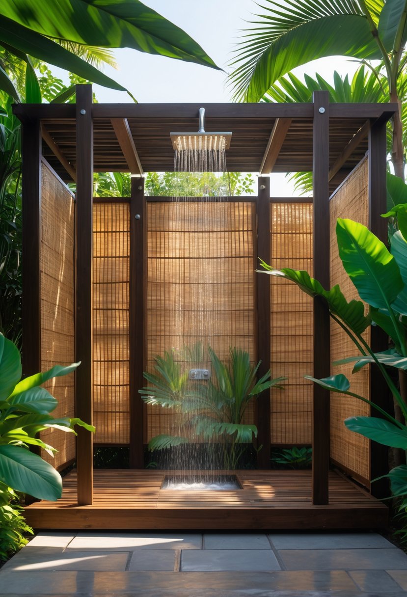 Outdoor shower area with wooden platform, bamboo privacy screens, and tropical plants surrounding the space.