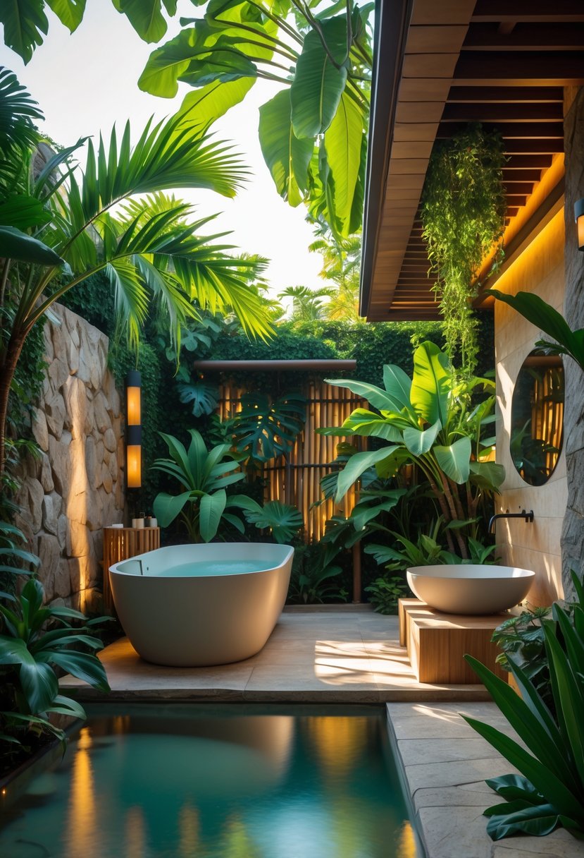 Outdoor bathroom surrounded by green tropical plants with a freestanding bathtub and natural stone surfaces.