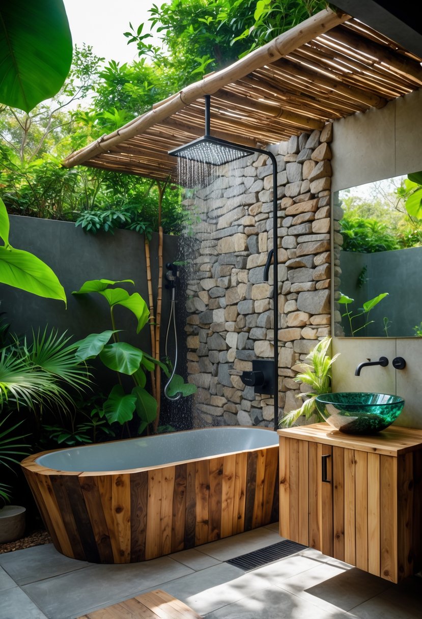 An outdoor bathroom surrounded by greenery with a wooden bathtub, stone flooring, and eco-friendly fixtures made from recycled materials.