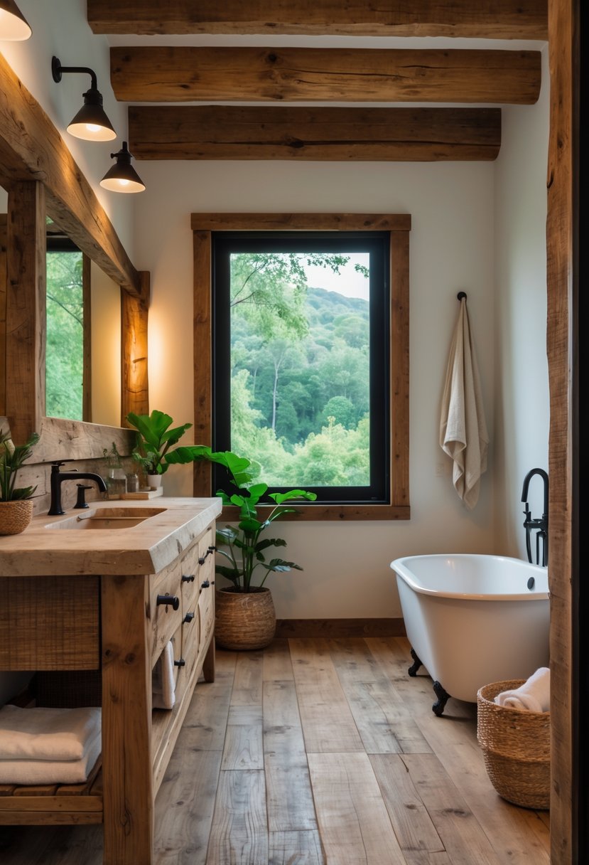 Bathroom with wooden vanity, freestanding bathtub, stone countertops, and a window showing greenery outside.