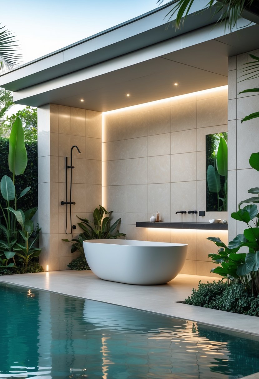 An outdoor bathroom next to a swimming pool with a bathtub, shower, sink, and tiled surfaces surrounded by plants.