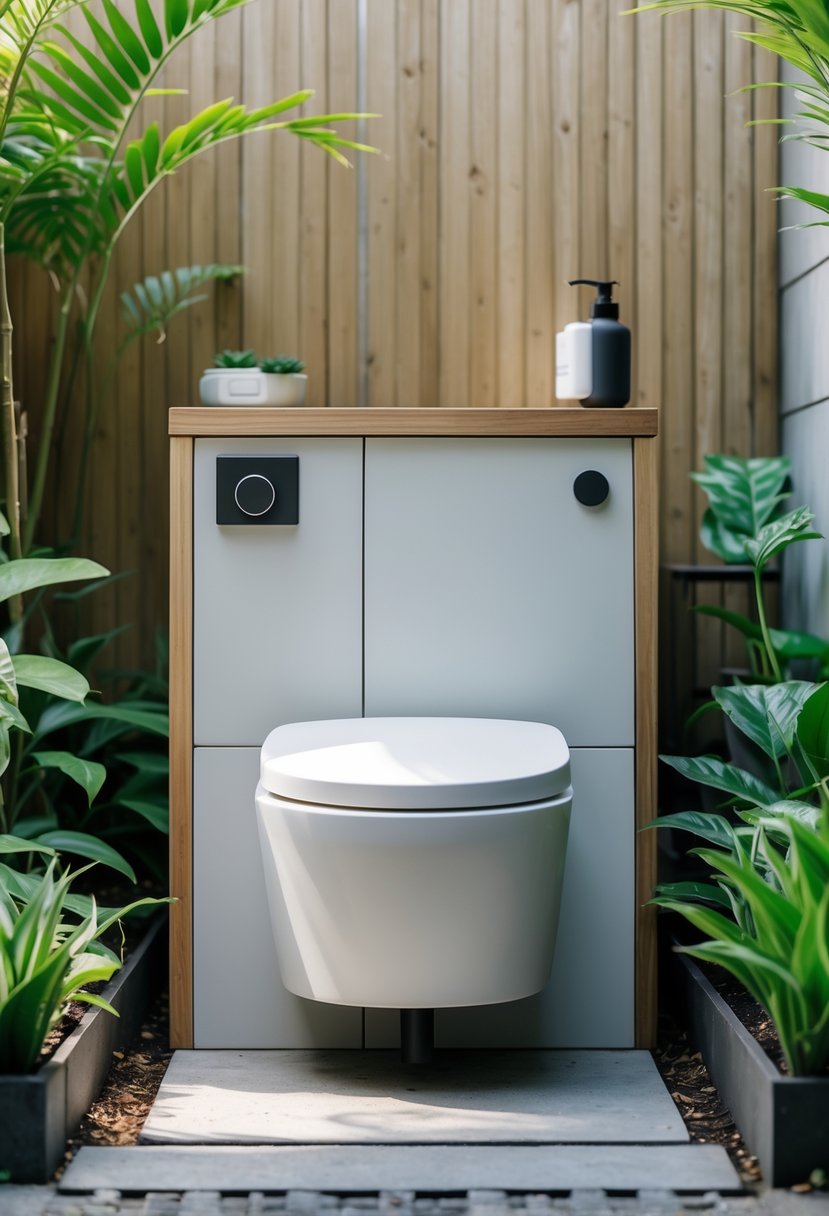 A compact tiny toilet installed in a small outdoor bathroom surrounded by plants and natural materials.