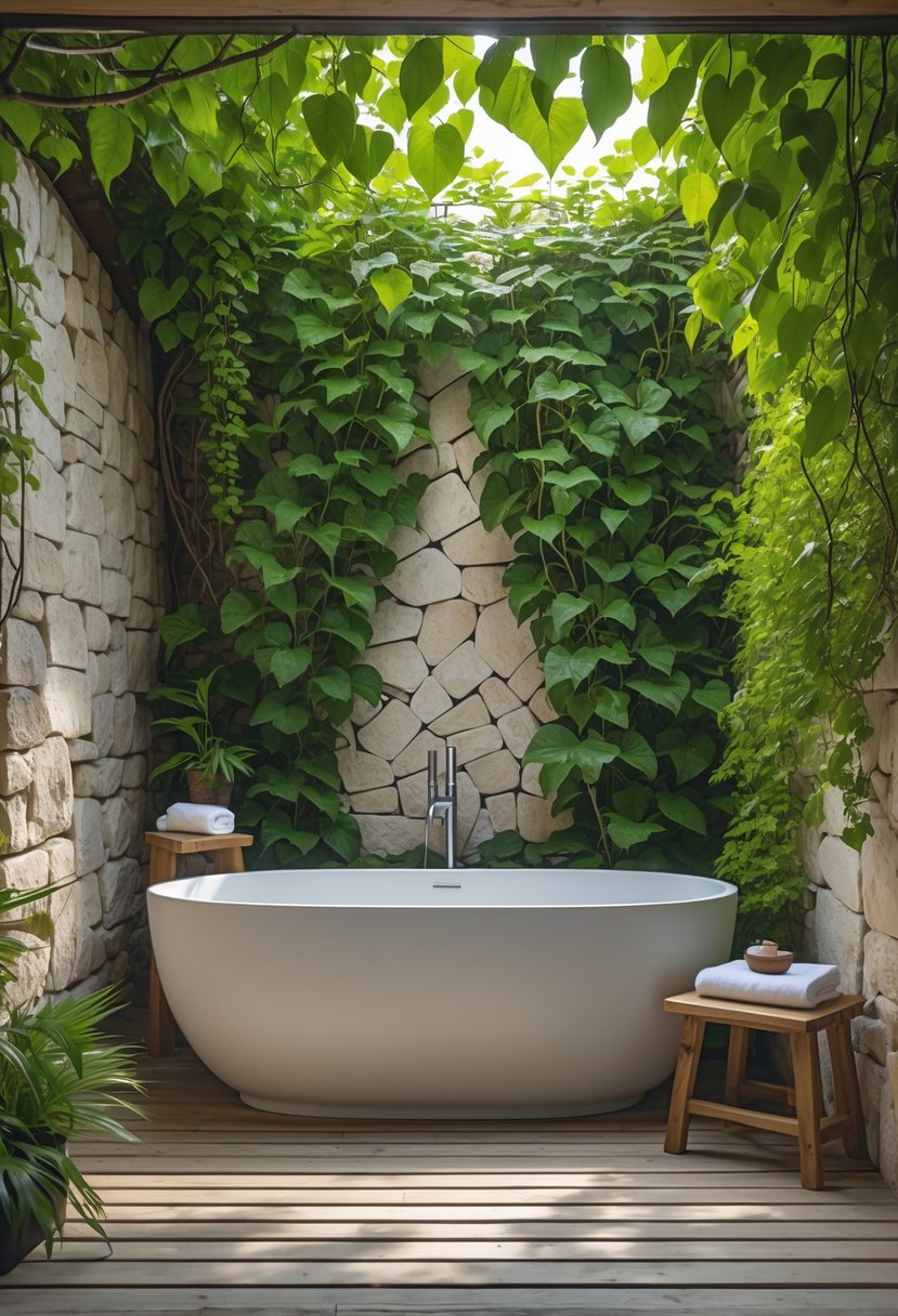 An outdoor bathroom with a freestanding bathtub surrounded by climbing vines and greenery.