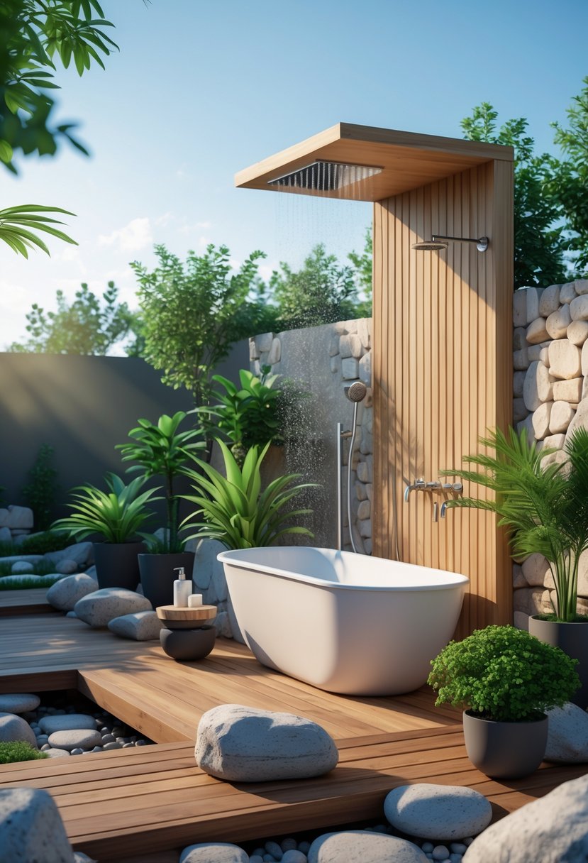 Outdoor bathroom with a freestanding bathtub, wooden deck, outdoor shower, plants, and natural stone surrounded by greenery.