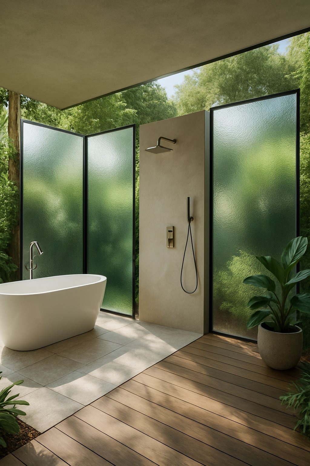 Open-air bathroom with privacy glass panels