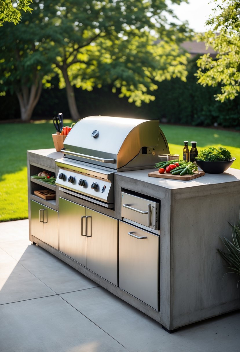 An outdoor grill station with a concrete countertop, built-in gas grill, and surrounding greenery.