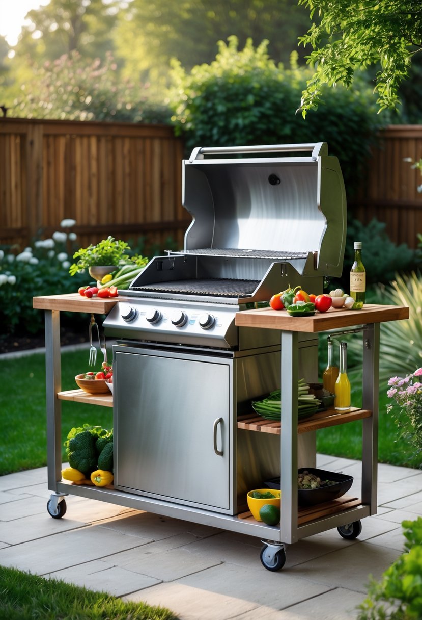 A rolling outdoor grill cart with grilling tools and fresh vegetables on a backyard patio surrounded by garden plants.