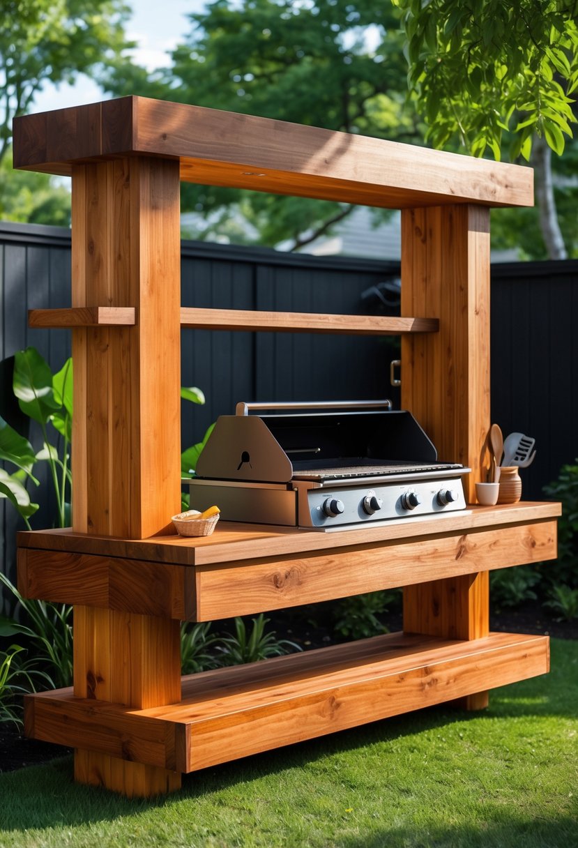Outdoor wooden grill station with weatherproof finish in a backyard setting.