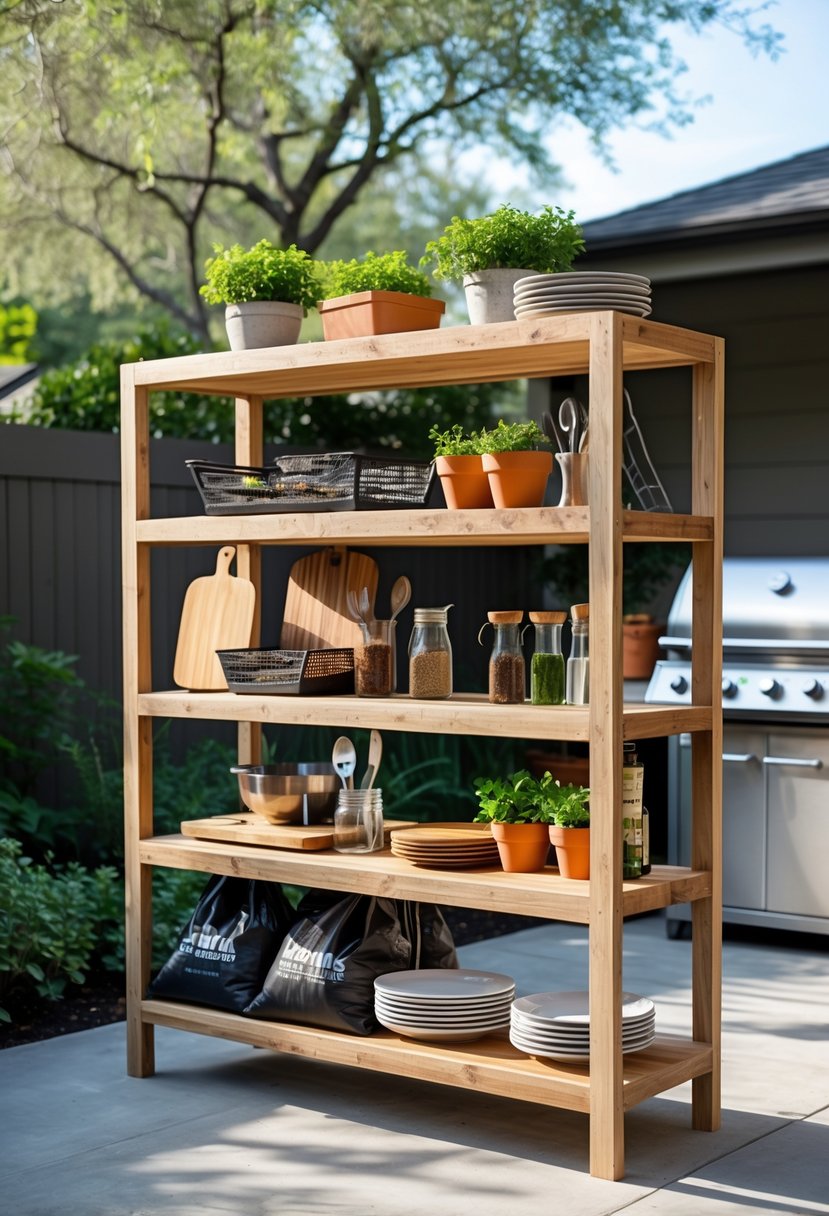 Outdoor wooden multi-level shelving unit stocked with grilling tools and accessories next to a grill in a backyard patio.