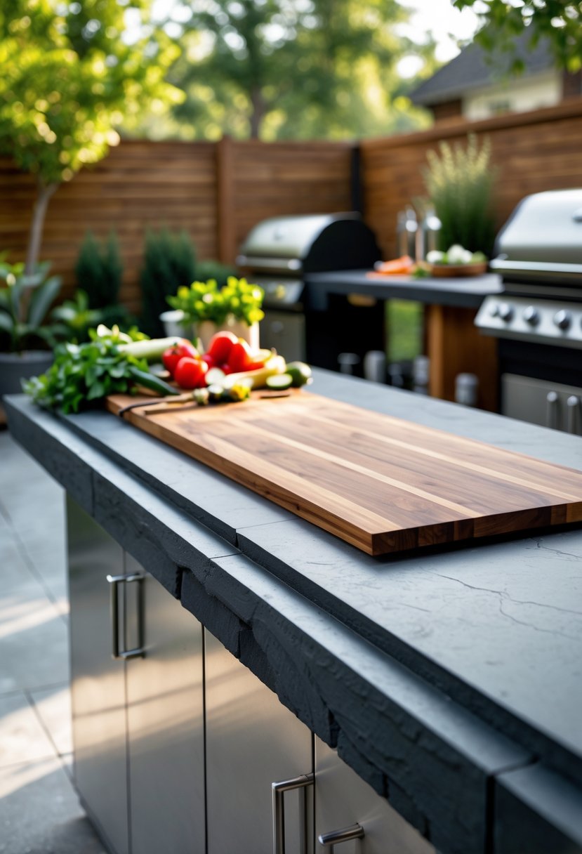 Outdoor grill station with a slate countertop and built-in wooden cutting board surrounded by greenery.