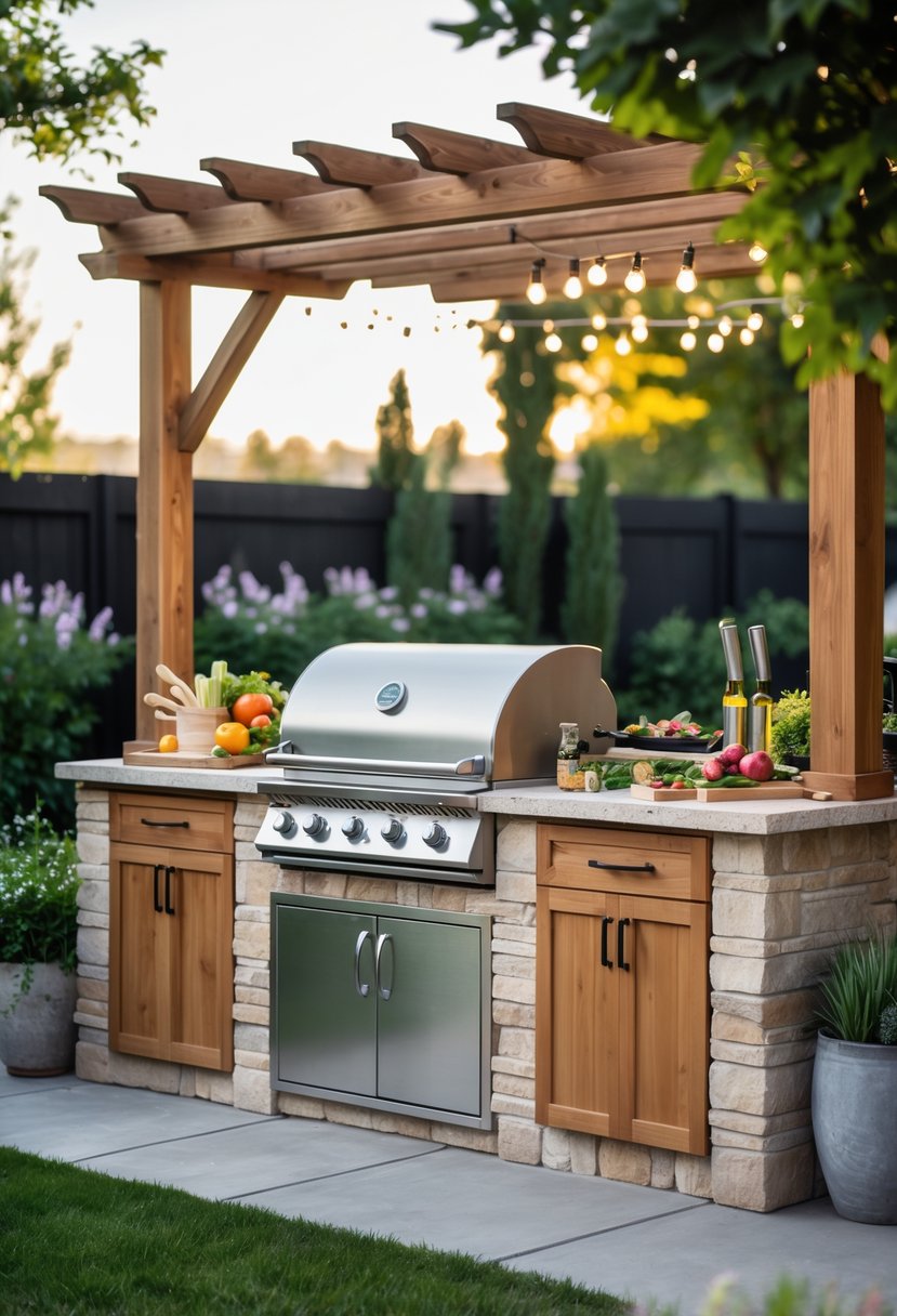 An outdoor grill station with a stainless steel grill, stone countertops, wooden cabinets, and surrounding greenery in a backyard.