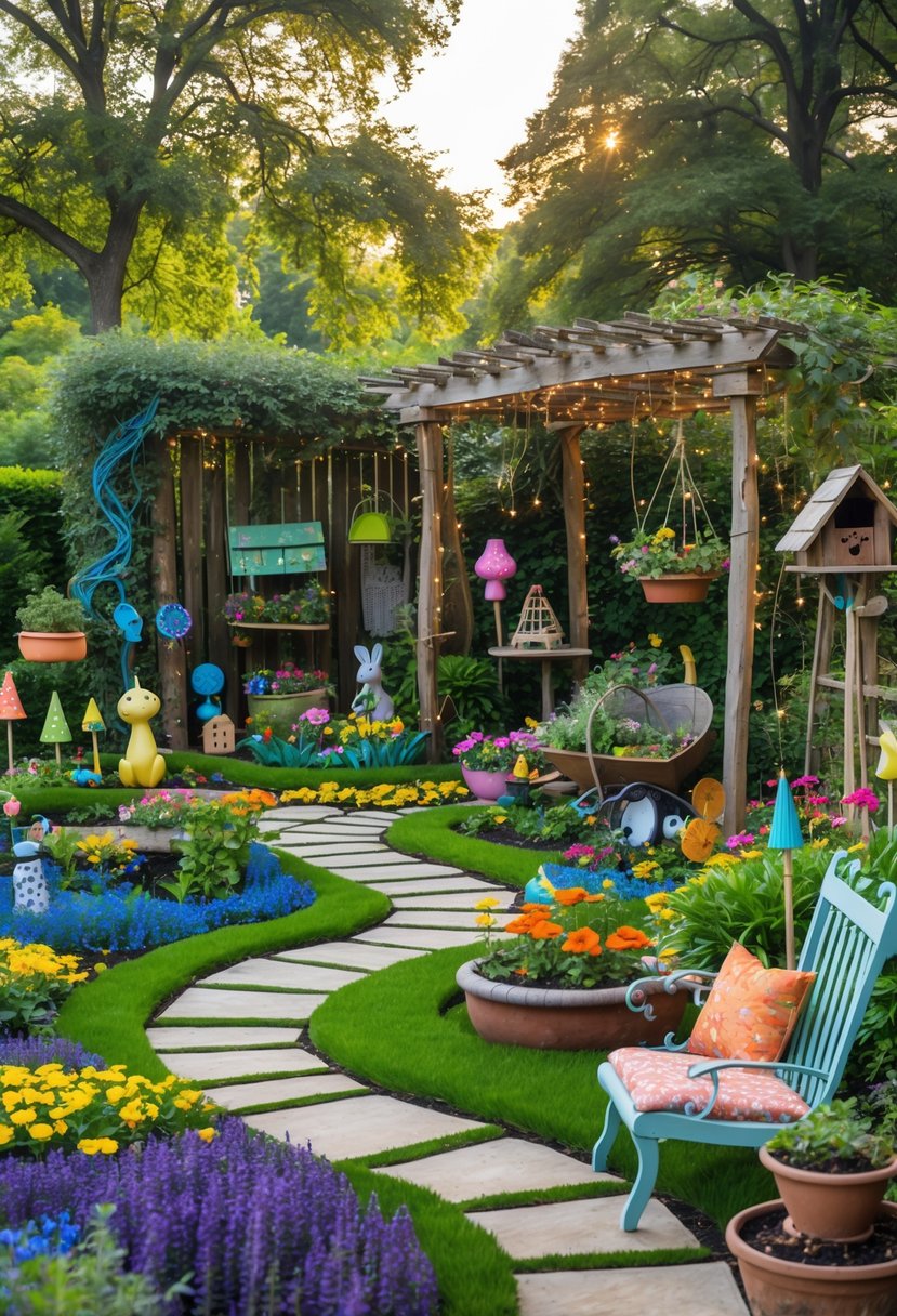 A colorful garden featuring flowers, a wooden pergola with vines, garden sculptures, a birdhouse, stone pathway, hanging planters, a fairy garden, and a small water fountain.