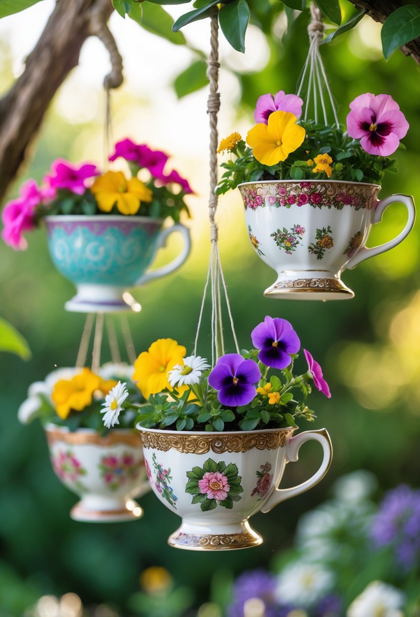 Several hanging teacup planters filled with colorful flowers in a garden setting.