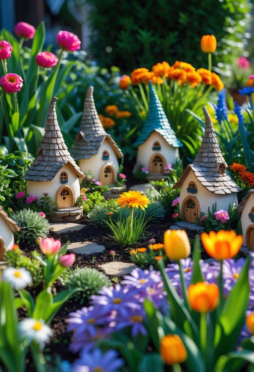 A garden scene with small gnome houses surrounded by colorful flower beds and greenery.