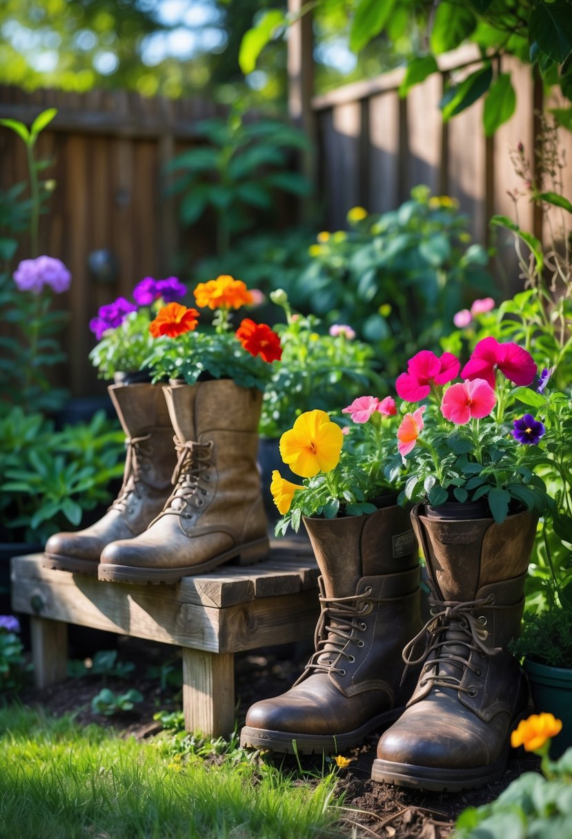Old boots filled with colorful flowers arranged in a garden setting with greenery and a wooden bench.