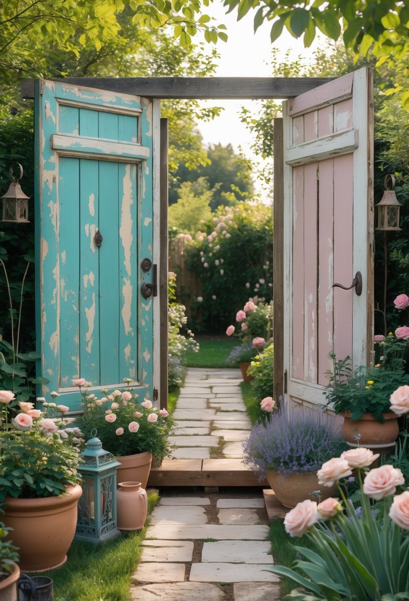 A garden scene with vintage wooden doors used as gates and decorative elements surrounded by flowers and greenery.