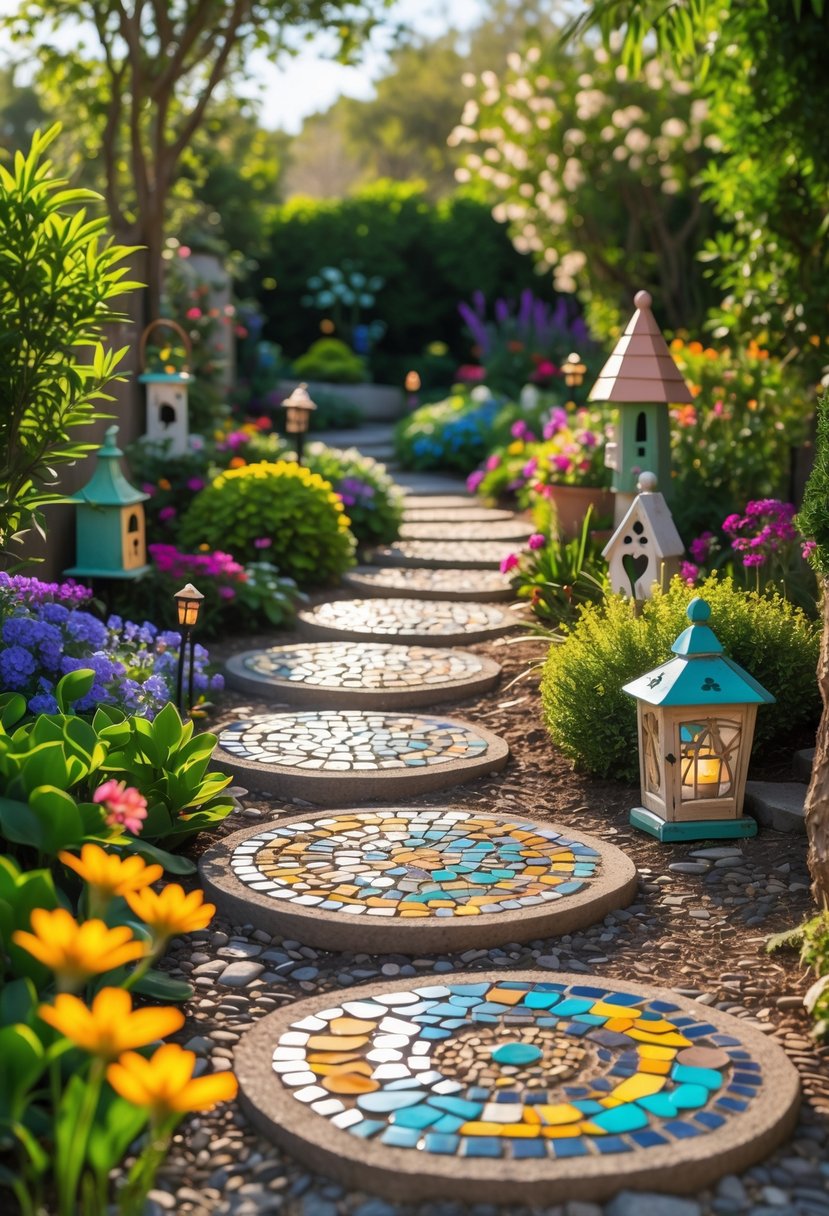 A garden pathway made of colorful mosaic stepping stones surrounded by flowers and greenery.