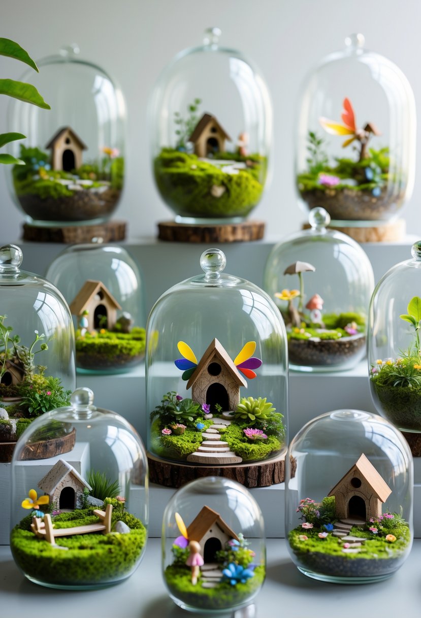 Thirteen miniature fairy gardens inside glass terrariums with tiny plants, fairy houses, and small fairy figurines arranged on a neutral background.