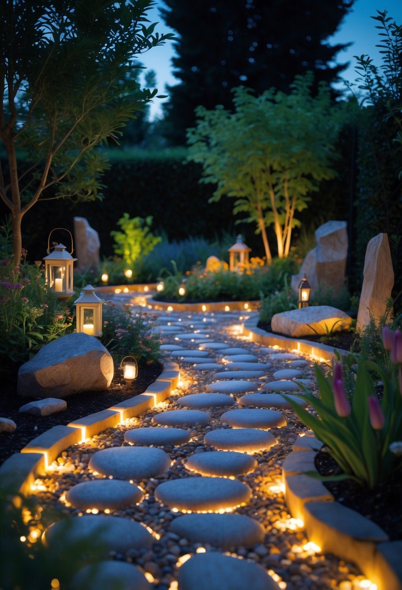 A nighttime garden with glowing pebble pathways winding through plants and trees illuminated by soft lights.