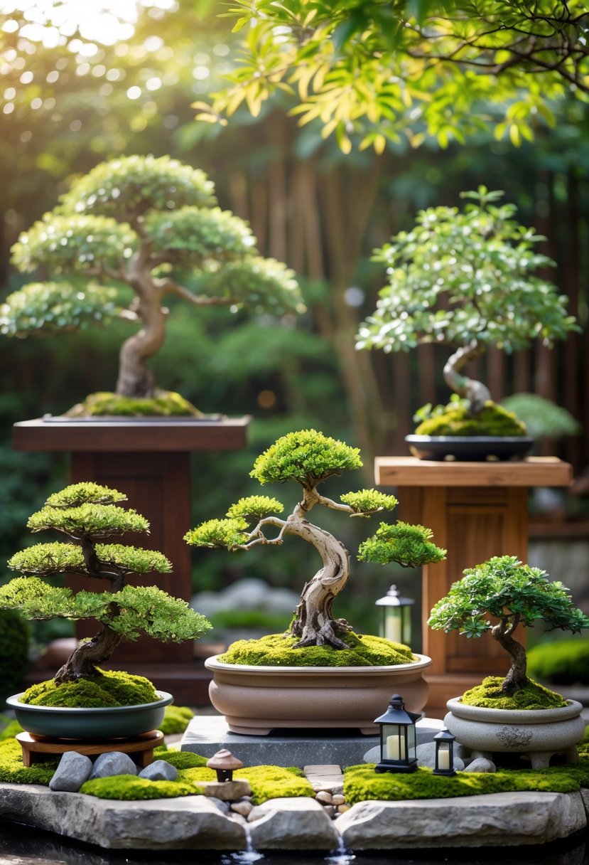 A group of bonsai trees artistically arranged on wooden stands and stone platforms surrounded by moss and miniature garden decorations in a lush garden setting.