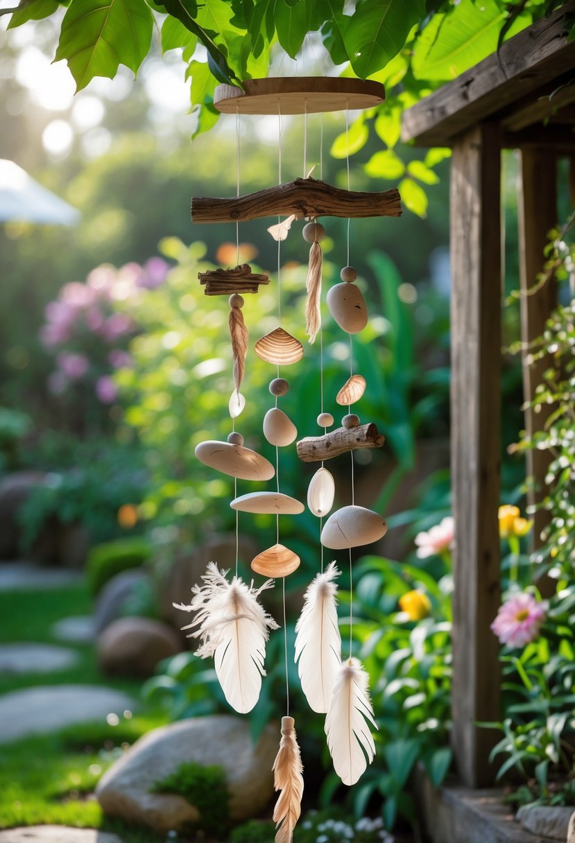 Wind chimes made of natural materials hanging in a green garden with flowers and plants.