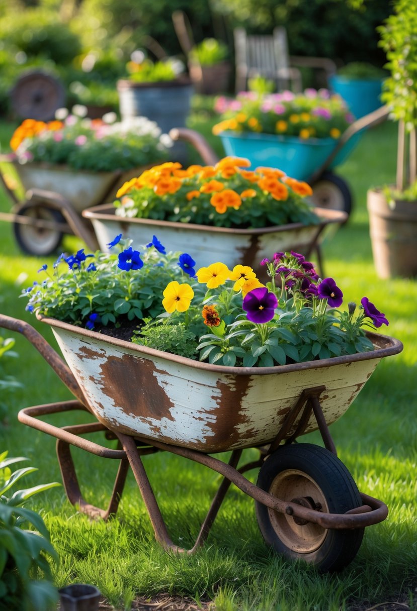Old wheelbarrows filled with colorful flowers placed in a green garden setting.