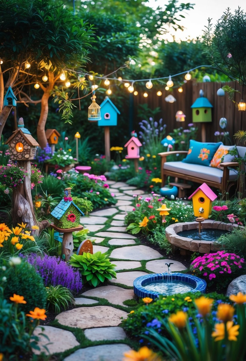 A colorful garden with flowers, greenery, stone paths, fairy lights, birdhouses, water features, garden sculptures, and wooden benches.