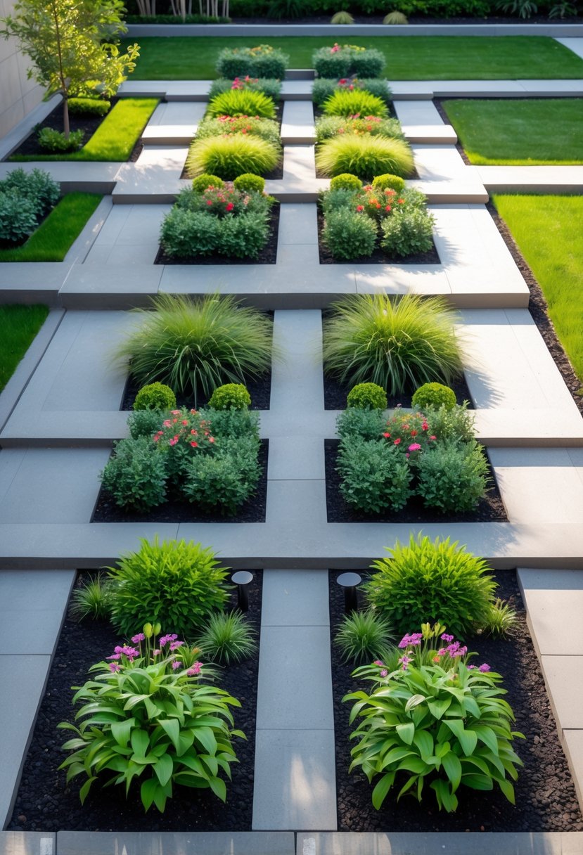 A garden with symmetrical planting beds and a central stone pathway surrounded by green plants and flowers.