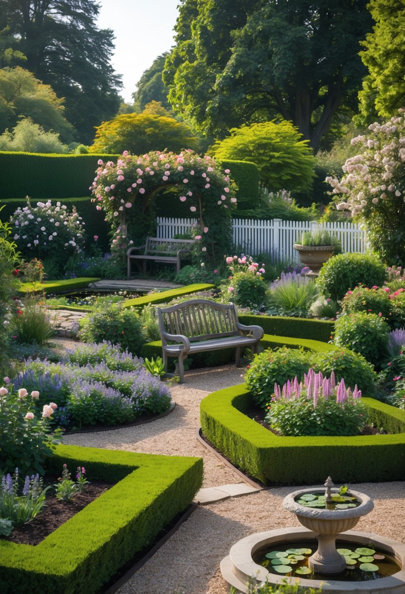 A colorful English garden with neatly trimmed hedges, flower beds, a wooden bench under a rose-covered arch, a stone birdbath, and a small pond surrounded by trees and shrubs.