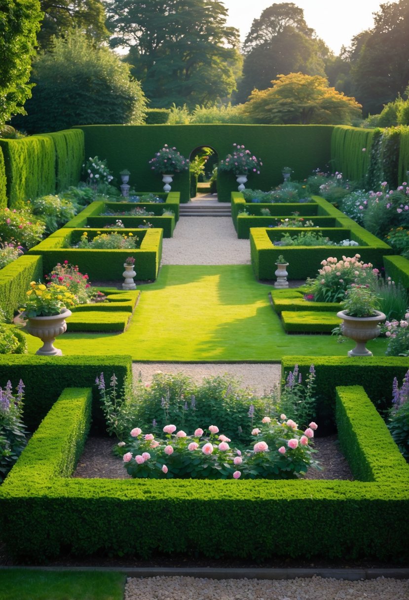 A well-maintained English garden with neatly trimmed hedges creating separate garden areas, surrounded by green lawns and flowering plants.