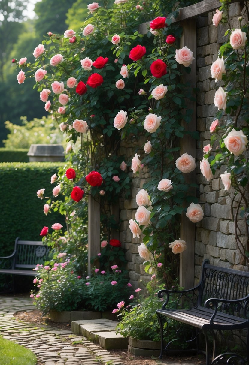 Climbing roses with pink, red, and white flowers growing on wooden trellises and stone walls in a garden with green foliage and a cobblestone path.