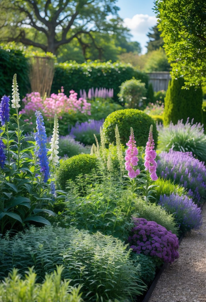 A lush English garden with colorful flowering plants and varied green foliage arranged along a gravel path under a clear blue sky.