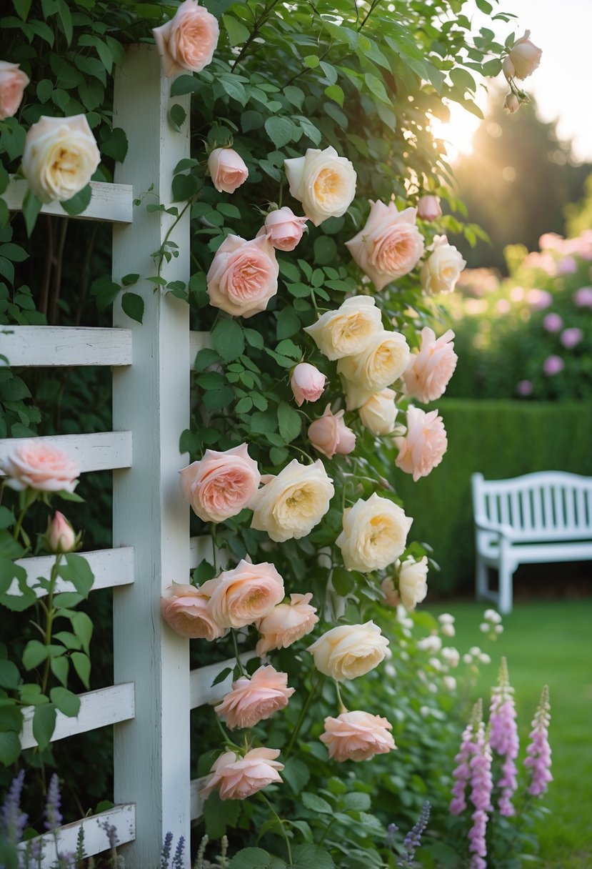 A garden scene with pink and cream roses cascading over a white trellis surrounded by green plants and a garden path.