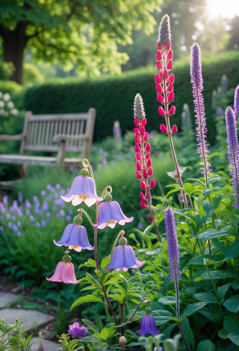 A colorful English garden filled with aquilegia and penstemon wildflowers surrounded by green foliage and a wooden bench.