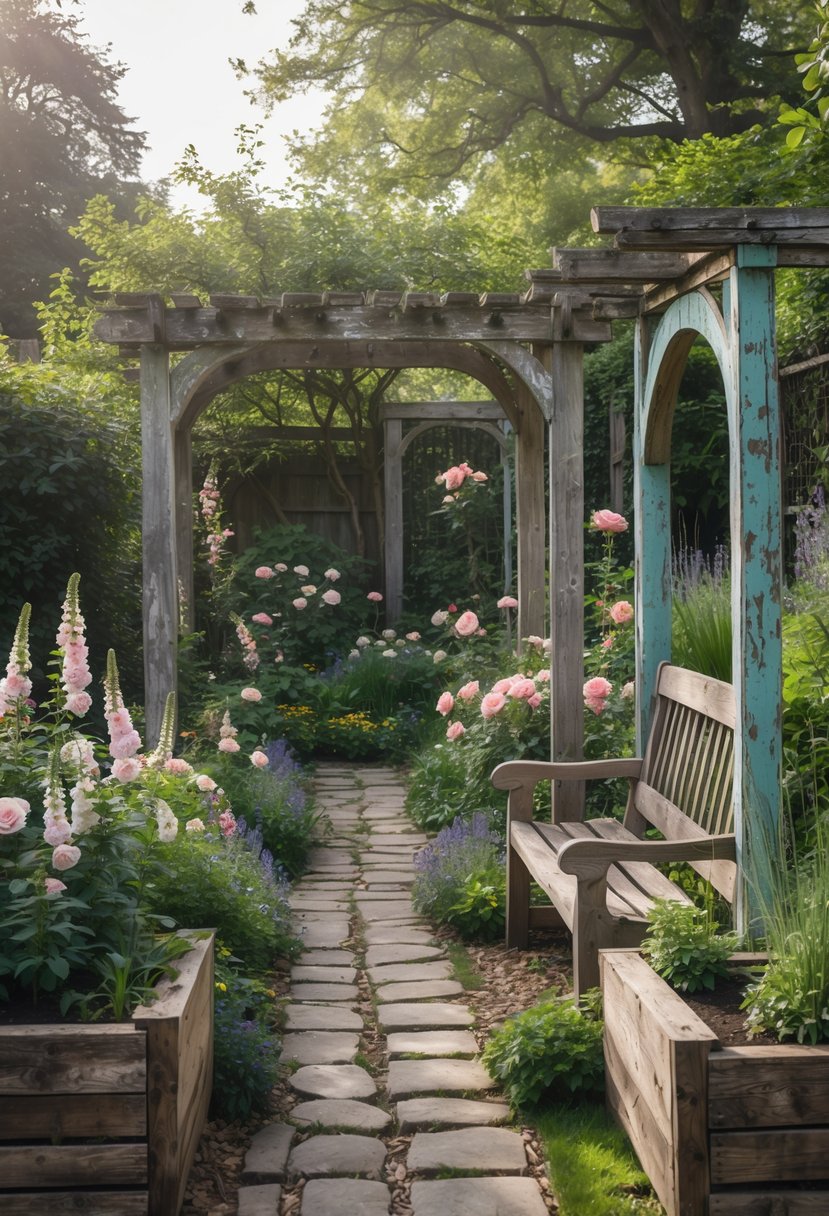 An English garden with blooming flowers and rustic weathered wooden benches, trellises, and planters surrounded by greenery.