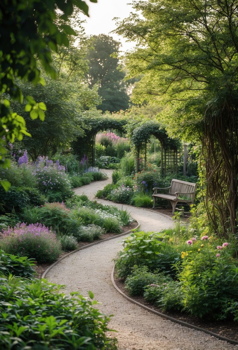 A winding stone pathway through a lush English garden with flowering plants and greenery on both sides.