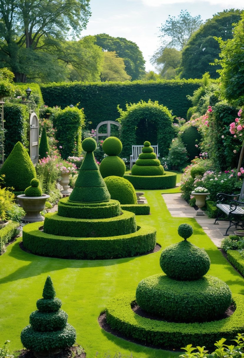 A variety of trimmed boxwood topiary shapes in a lush English garden with green lawns, flowering plants, stone pathways, and garden benches.