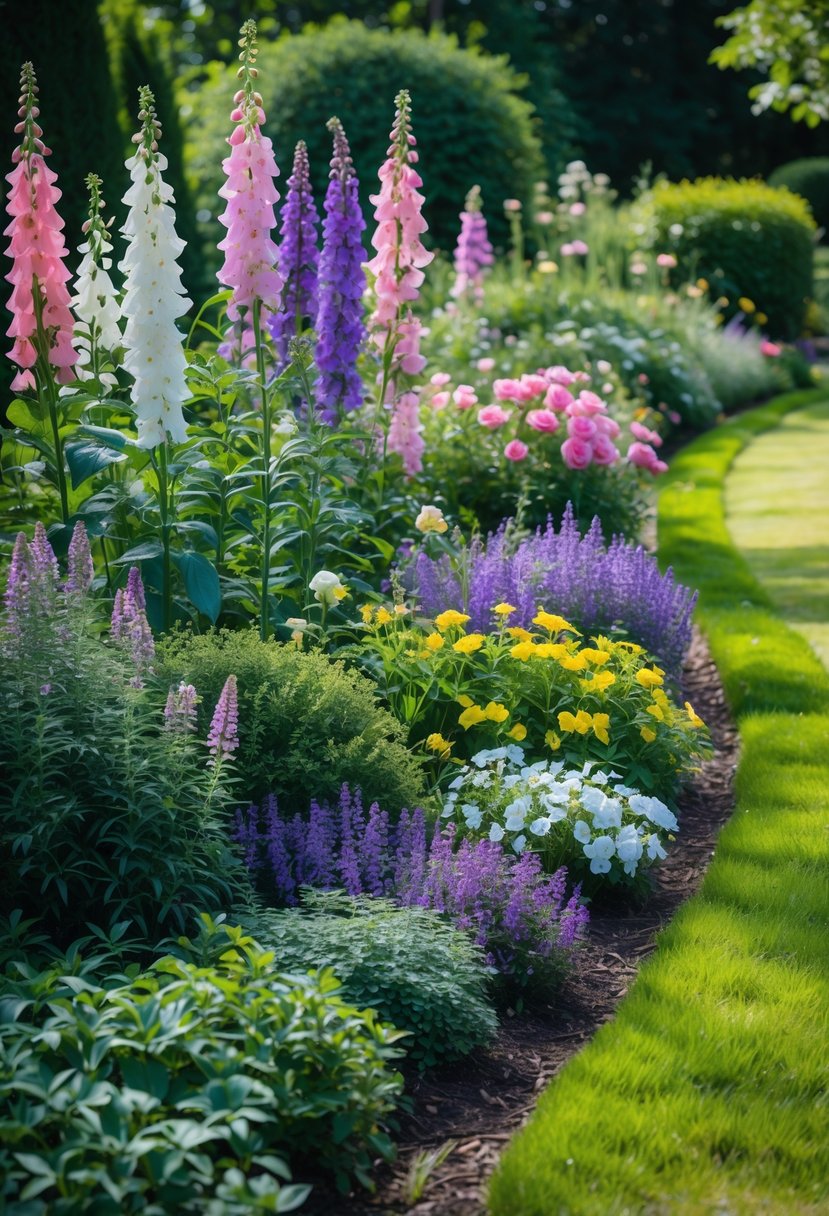 A colorful English garden border with flowering plants of different heights arranged along a garden path.