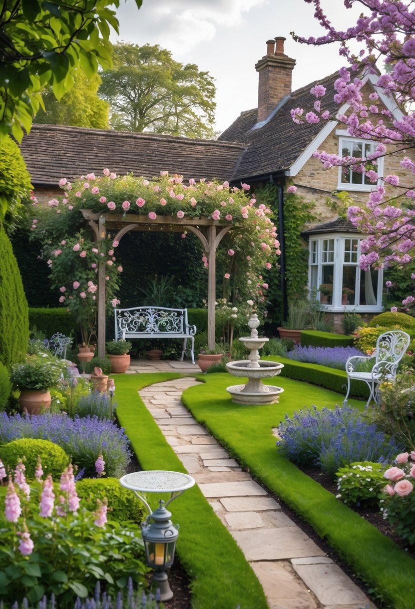 A lush English garden with colorful flowers, trimmed hedges, a wooden pergola, stone pathway, garden bench, and a traditional cottage in the background.